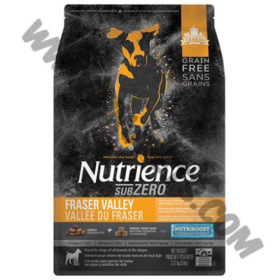 Nutrience Subzero系列 全犬 無穀物 Fraser Valley 凍乾鮮雞肉拼雞肉，火雞，海魚配方 (黃，5磅)