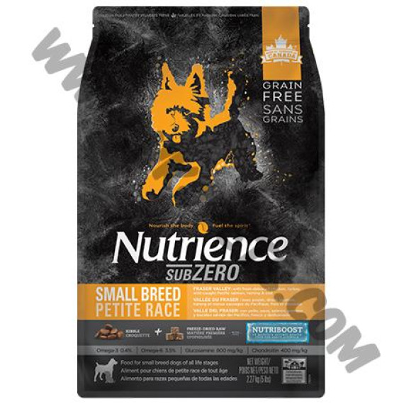 Nutrience Subzero系列 無穀物 小型犬 Fraser Valley 凍乾鮮雞肉拼雞肉，火雞，海魚配方 (黃，11磅)