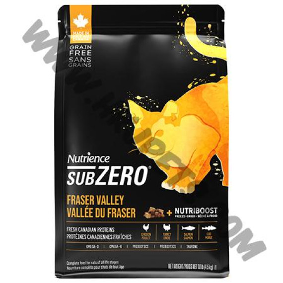 Nutrience Subzero系列 全貓 無穀物 Fraser Valley 凍乾鮮雞肉拼雞肉，火雞，海魚配方 (黃，5磅)