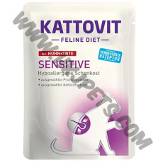 Kattovit Sensitive 無穀物無麩質單一蛋白低敏 貓濕包 雞肉拼鴨肉配方 (紅/Huhn+Ente，85克)