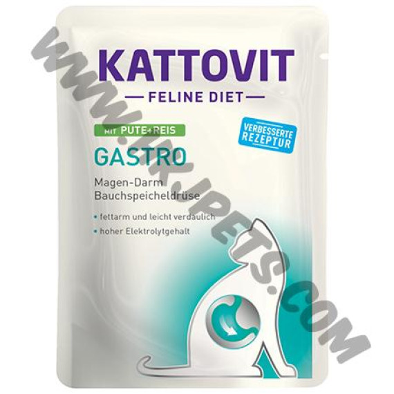 Kattovit Gastro 無麩質易消化低脂腸胃 貓濕包 火雞加飯配方 (綠/Pute+Reis，85克)